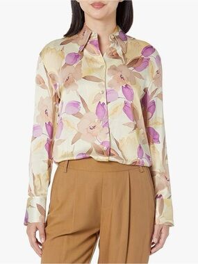 Vince Nouveau Magnolia Silk Floral Button-Up Blouse in Cream and Pink